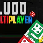 Textul „LUDO MULTIPLAYER” în culori vibrante, însoțit de două zaruri albe și roșii, și elemente de tablă de joc colorate în colțuri
