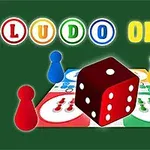 Fundal verde cu un tabel de joc de societate colorat, un zar roșu în centru și pioni colorați în colțuri, cu textul LUDO ONLINE deasupra
