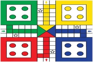 Planșă de joc pătrată cu patru sectoare colorate în verde, galben, roșu și albastru, fiecare cu cercuri și căsuțe numerotate