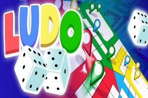 Cuvintele „LUDO” colorate, pioni de diverse culori și zaruri pe un fundal albastru cu o tablă de joc colorată