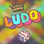 Textul LUDO în culori vii cu o coroană deasupra și un zar cu puncte colorate pe un fundal neclar