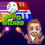 Un zar alb, un plan de joc colorat și două personaje de tip vrăjitor animat ținând baghete magice, alături de textul Ludo Wizard