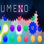 Cercuri colorate dispuse în mai multe rânduri pe un fundal albastru cu frunze și textul LUMENO deasupra