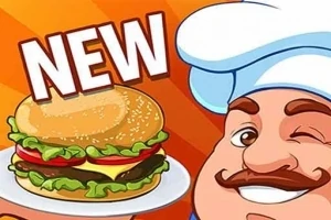 Bucătar vesel cu mustață și chipiu, prezentând un hamburger pe o farfurie, alături de textul NEW pe fundal portocaliu