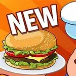 Bucătar vesel cu mustață și chipiu, prezentând un hamburger pe o farfurie, alături de textul NEW pe fundal portocaliu