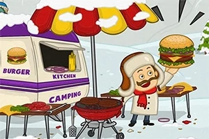 Un bărbat cu o căciulă groasă și fular ține un burger mare lângă un cort de camping și un grătar într-un peisaj de iarnă