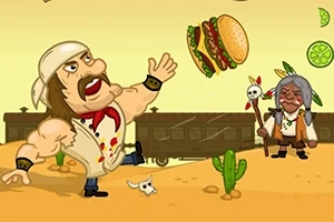 Personaj cu bentiță albă aruncă un hamburger în aer într-un decor de deșert cu un tren și un căpcăun indian în fundal