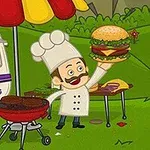 Bucătar animat ținând un burger mare lângă un grătar și un rulou de camping, sub o umbrelă colorată