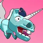 Un unicorn albastru cu aripi mici, expresie amuzantă și fundal roz