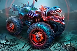 Mad Truck Challenge Un monstruo-truck colorat, decorat cu elemente de dragon și cranii, pe un teren crăpat