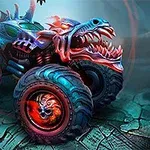 Mad Truck Challenge Un monstruo-truck colorat, decorat cu elemente de dragon și cranii, pe un teren crăpat