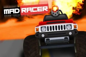 Mașină roșie de teren cu roți mari și un lansator de proiectile pe capotă, pe fundal cu o explozie și textul MAD RACER