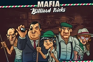 Cinci personaje animate cu aspect mafiot, fiecare ținând un tac de biliard, sunt aliniate în fața unui fundal întunecat
