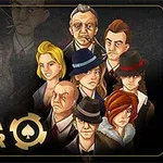 Personaje ilustrate într-o compoziție grupată, având expresii serioase și purtând pălării, cu textul Mafia Poker vizibil în colț