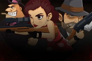 Trei personaje animate, două bărbați și o femeie, ținând arme, cu trăsături expresive și îmbrăcăminte de epocă