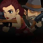Trei personaje animate, două bărbați și o femeie, ținând arme, cu trăsături expresive și îmbrăcăminte de epocă