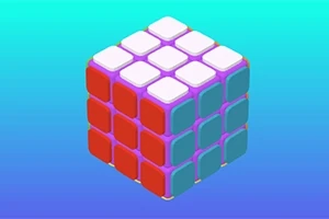 Cub Rubik colorat, cu fețe alb, roșu și albastru, pe un fundal gradient albastru
