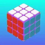 Cub Rubik colorat, cu fețe alb, roșu și albastru, pe un fundal gradient albastru