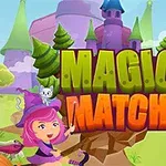 Fată cu pălărie violet, pisică și copaci într-un peisaj de poveste cu un castel roz și textul MAGIC MATCH