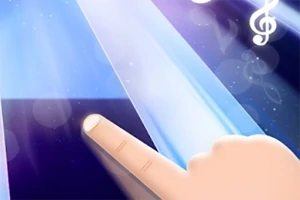 Deget atingând un pian virtual pe un ecran luminos, cu note muzicale în fundal