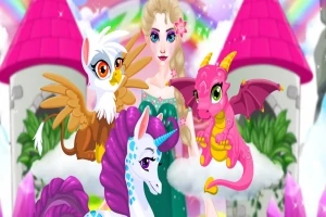 Prințesă înconjurată de un unicorn, un dragon roz și o creatură înaripată, cu un castel roz și curcubeie în fundal