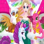 Prințesă înconjurată de un unicorn, un dragon roz și o creatură înaripată, cu un castel roz și curcubeie în fundal