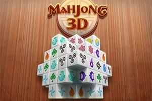 Piramidă din cuburi albe cu simboluri colorate pe un fundal de lemn, cu textul Mahjong 3D deasupra