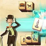 Un ilustrat de desene animate cu un bărbat elegant cu pălărie și mustață lângă o grămadă de plăcuțe cu diverse imagini, cum ar fi o casă, un câine și lumânări strălucitoare
