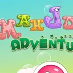 Text colorat Mahjong Adventure pe un fundal cu baloane și cer albastru