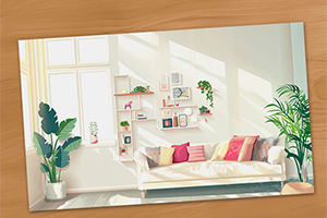 O cameră de zi luminoasă, cu o canapea albă decorată cu perne colorate, plante de apartament și rafturi cu diverse obiecte, iluminată natural printr-o fereastră mare