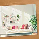 O cameră de zi luminoasă, cu o canapea albă decorată cu perne colorate, plante de apartament și rafturi cu diverse obiecte, iluminată natural printr-o fereastră mare