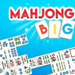 Fundal albastru cu piese de mahjong albe, unele cu simboluri colorate, și textul Mahjong Big deasupra