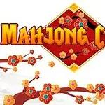 Textul „Mahjong Chain” de culoare galben-portocaliu pe un fundal cu flori de cireș stilizate și un diamand roșu în centru
