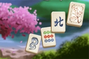 Patru piese de Mahjong cu simboluri distincte plutind în fața unui fundal natural cu un copac înflorit și vegetație