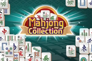 Logo colorat „Mahjong Collection în centru, înconjurat de piese de mahjong pe un fundal verde cu raze luminoase