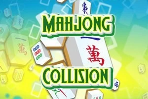 Piese de mahjong suprapuse cu textul Mahjong Collision pe un fundal colorat albastru-verde