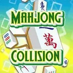 Piese de mahjong suprapuse cu textul Mahjong Collision pe un fundal colorat albastru-verde