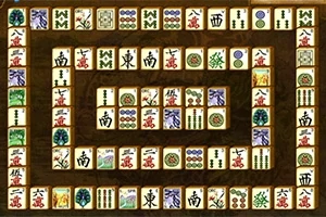 Dispunere de piese dreptunghiulare cu diverse simboluri colorate pe un fundal maro, aranjate într-un model rectangular