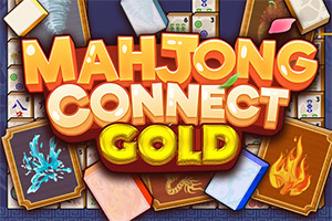 Titlu „Mahjong Connect Gold cu litere aurii, înconjurat de plăcuțe Mahjong și cărți cu simboluri de foc, apă și dragon