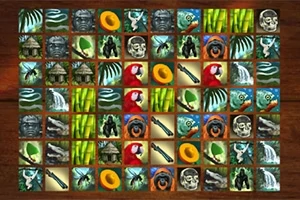 O grilă de joc cu pătrate colorate, fiecare având imagini de simboluri jungle, precum cranii, animale și plante