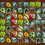 O grilă de joc cu pătrate colorate, fiecare având imagini de simboluri jungle, precum cranii, animale și plante