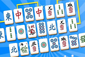 Piese de joc albe cu simboluri și caractere chinezești, aranjate pe un fundal albastru cu raze