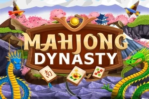 Panou central cu textul Mahjong Dynasty, încadrat de dragoni și elemente naturale, flancat de piese de mahjong