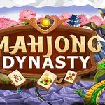 Panou central cu textul Mahjong Dynasty, încadrat de dragoni și elemente naturale, flancat de piese de mahjong