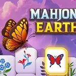 Fundal cu motive de fluturi și flori pe piese albe, cu un fluture portocaliu și titlul Mahjong Earth deasupra