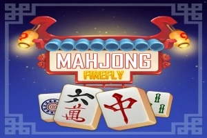 Fundal albastru cu un semn roșu și albastru susținut de două lampioane și trei piese Mahjong în partea de jos