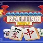 Fundal albastru cu un semn roșu și albastru susținut de două lampioane și trei piese Mahjong în partea de jos