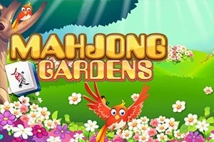 Imaginea prezintă un peisaj colorat cu flori, un copac, o pasăre roșie și titlul MAHJONG GARDENS scris deasupra