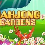 Imaginea prezintă un peisaj colorat cu flori, un copac, o pasăre roșie și titlul MAHJONG GARDENS scris deasupra