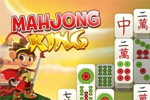 Fundal colorat cu un personaj animat de maimuță, logo text mare și piese de joc mahjong